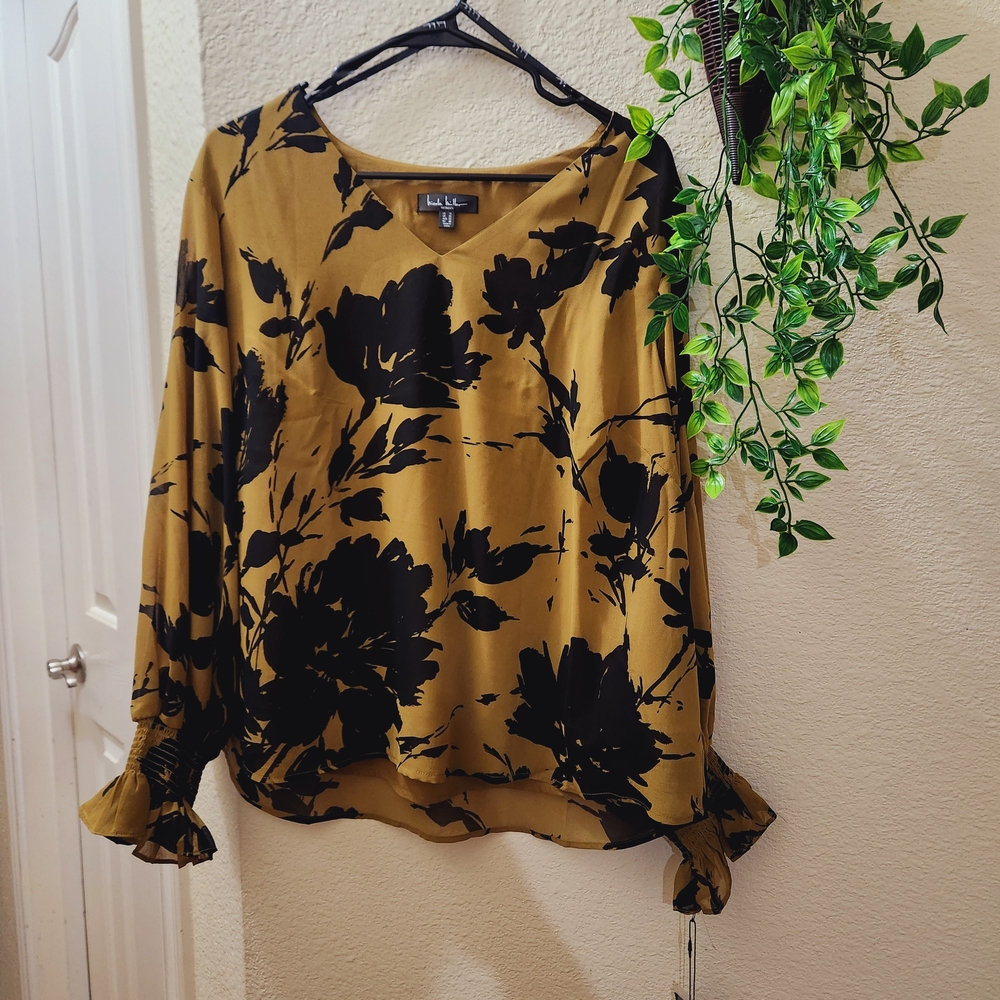 Nicole Miller Mustard and Black Floral Blouse